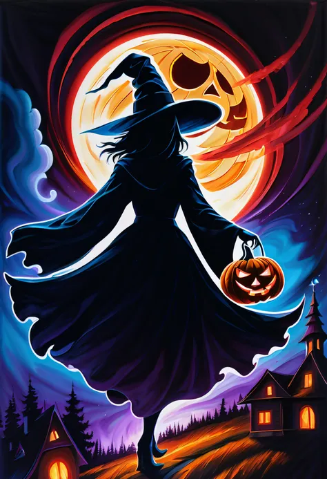 fused jack o lantern and holographic ghost, witch-hat, red and black reversible cloak, white scarf, fly in the sky, night of a mysterious solar eclipse, horror and nightmare fusion atmosphere, crisp clarity that is unmatched, chiaroscuro, golden ratio, dar...