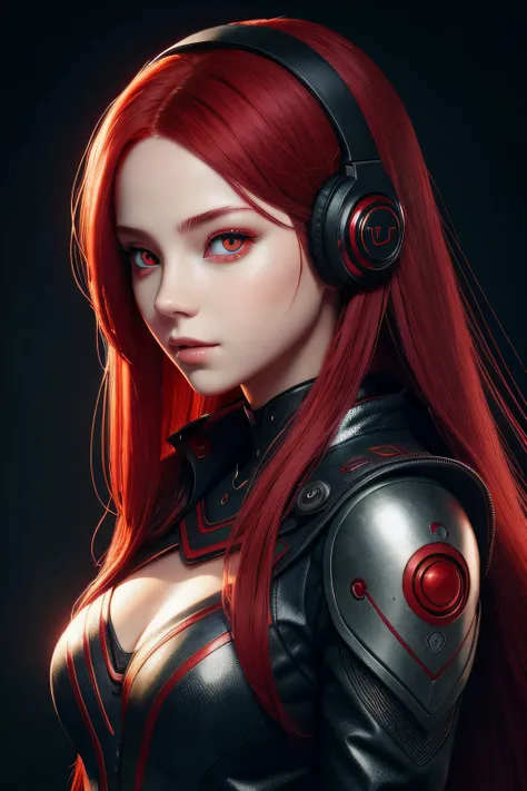 girl with long red hair, red eyes, futuristic vibes, mask on mouth, headphones, 8k, high quality, simple background, glowing eye...