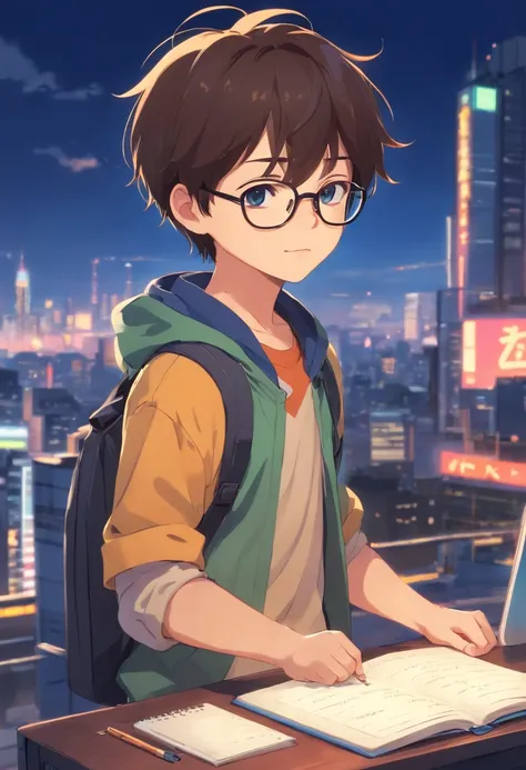 a cute little boy，Short hair and glasses, Take your laptop and show us the screen