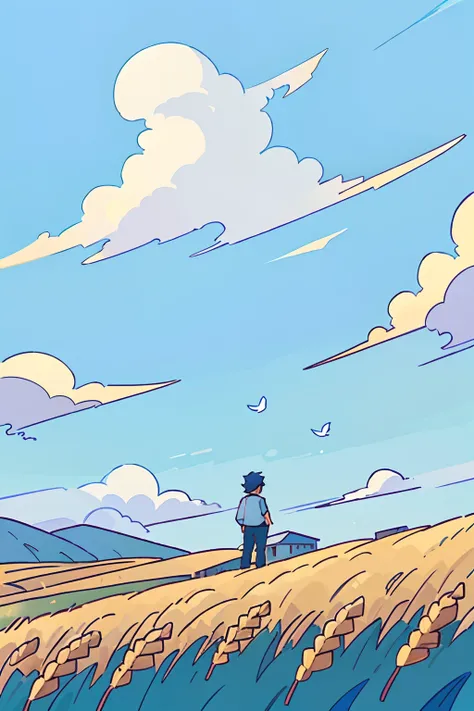 （best qualtiy：0.8），（best qualtiy：0.8），Perfect anime illustration，Blue gradient sky，Thick clouds，Idyllic，zona rural，Golden wheat field with gradient gradient，There are no characters，A more layered golden wheat field