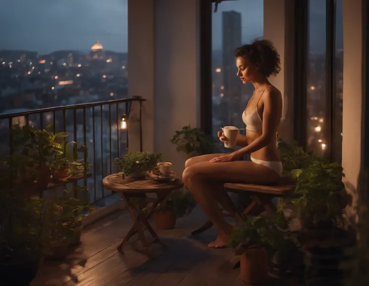 Balcony with plants, View of the metropolis from above, peaceful atmosphere, A little dark in the sky Young skinny brunette shirtless woman swinging on velular, With coffee on the table, Dog sitting on the ground and enjoying the view, photo realism,