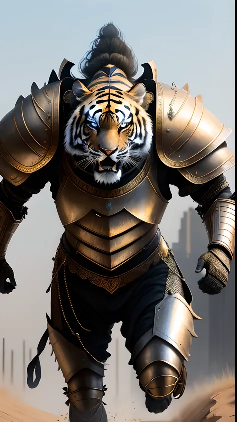 Animalrizz   (( Farro )) 10, masterpiece, highres, Absurd,photorealistic portrait, Parley_armature,Egypt, Cute tiger in armor ,Wear Parley_armature, Massive futuristic armor, running, move,