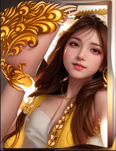 arafed woman with long brown hair and a yellow dress, portrait shot, photorealistic artstyle, realism artstyle, photorealistic!!!!!!! art style, 8k artgerm bokeh, photorealistic art style, photorealistic digital arts, 8k high quality detailed art, photorea...