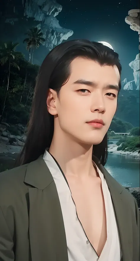 Real life adaption of this character, old grandpa Korean handsome face, looking to viewer,realistic same hair and The back hair is long ,realistic nature scenery with Moonlight view background, hyper realistic, realistic light, realistic shadow, realism,(p...