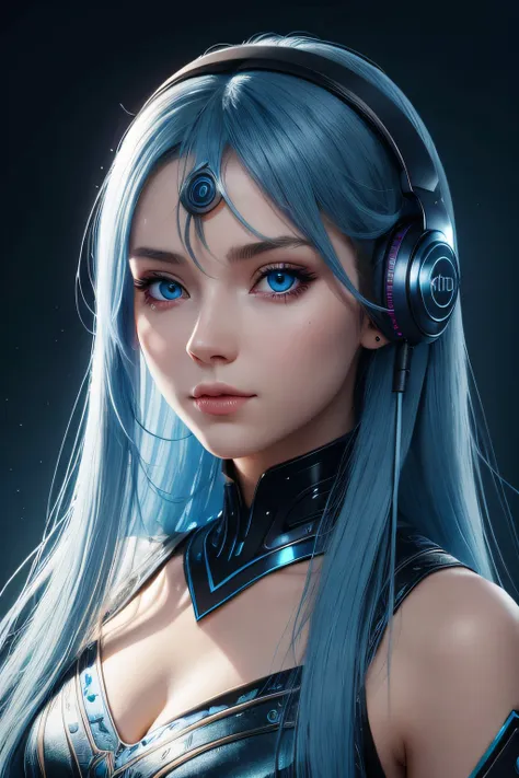 girl with long blue hair, blue eyes, futuristic vibes, mask on mouth, headphones, 8k, high quality, simple background, glowing eyes, nice pose