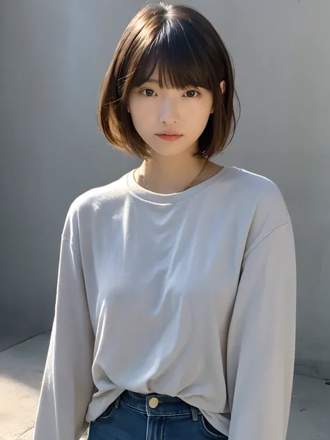 top-quality、超A high resolution、(Photorealsitic:1.4)、女の子1人、、small tits、、、A Japanese Lady、Looking at the camera、long Sleeve T-Shirt、Concrete background、Facing the front、is standing、a blond、Woman in her late teens、Light bangs、bobhair、Salon model style