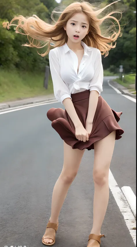 1womanl,Golden head hair, ,((A slightly surprised look)),Beautiful breasts,校服,well-styled,,(Facing the front)(((embarassed expression)),(((The skirt is rolled up by the wind)))12 years old child