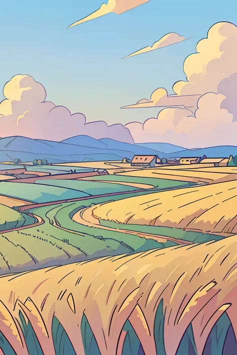 lake scene，Natural scenery，small houses，Perfect anime illustration，Blue gradient sky，Thick clouds，Idyllic，zona rural，Golden wheat field with gradient gradient，No Man，More layered golden wheat fields，hyper realisitc，Dynamic，Sunlight shines