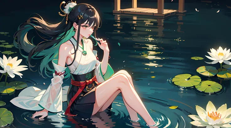 1girl, Dark green Hanfu, a woman, cool, fair skin, sea of flowers, pond, petals floating on the water, lily, clavicle, eyes closed, half submerged in water, dark background, moonlight, hairpin, jade pendant, Hanfu, delicate face, hair accessories, red lips...