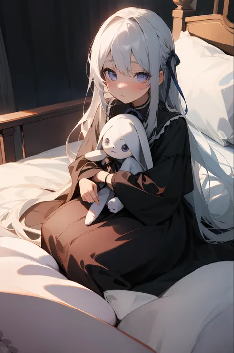 best quality, masterpiece, 1girl, sitting, bed, plushies, deep eyes, white long hair, silver eyes, ribbon