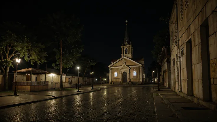 Church in a square, melhor qualidade, Igreja fora, Qualidade extrema, very realistic, Dark street with poor lighting, ambiente escuro, vegetation, igreja