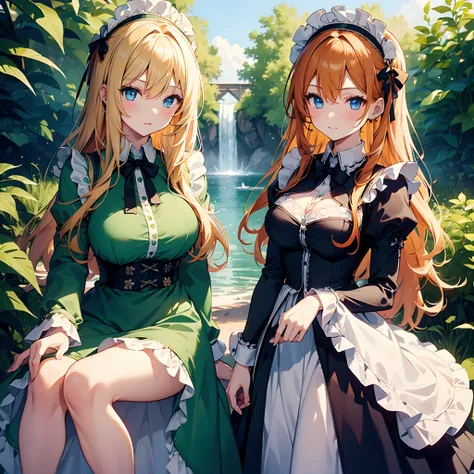 2 girls, twins, blonde and orange hair, long and short wavy hair, beautiful green and blue eyes, gorgeous girls, medium and large breasts, maid_dress and outlaw outfit