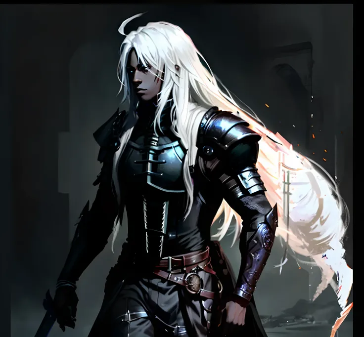 African american young adult, male, necromancer long white hair, pitch black cloaked armor , sword swing