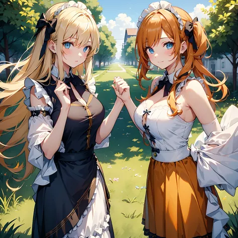 2 girls, twins, blonde and orange hair, long and short wavy hair, beautiful green and blue eyes, gorgeous girls, medium and large breasts, maid_dress and outlaw outfit