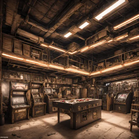 postapocalyptic_play_vault , a room with several machines, by filip hodas, unreal engine rendered, a 3d render, neogeo，iron fist...