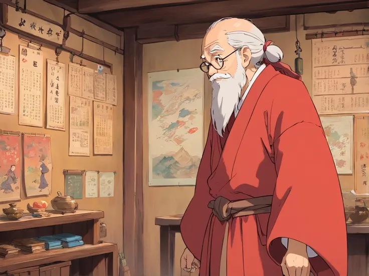 Indoors，The walls are covered with production flowcharts and tools。 A 15-year-old boy in red Zhuang costume stands，and old men in brown Zhuang clothes，Indoors，The boy and the old man speak face to face。（Boy image：Red clothes，Carry a bag，年轻）（Image of the ol...