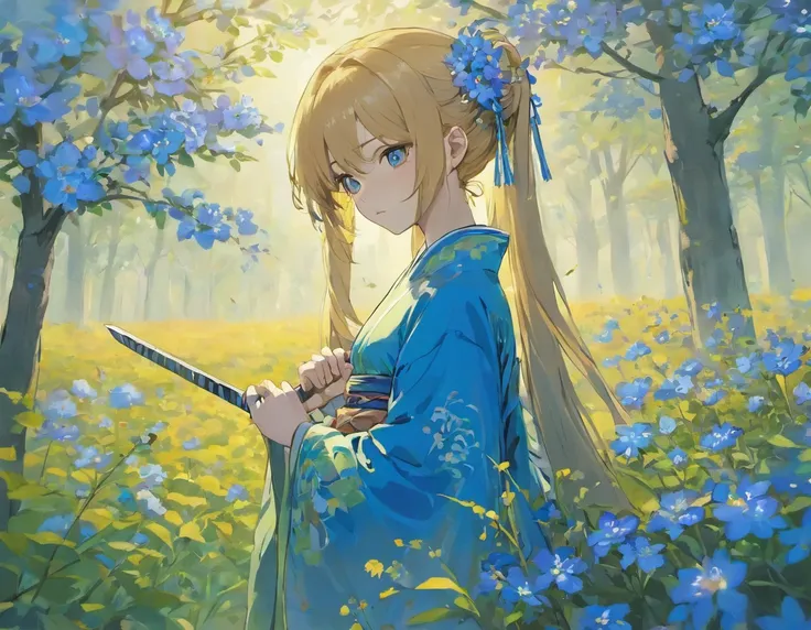 chinese hanfu , a man with a sword ,with sad face in he field blue flowers