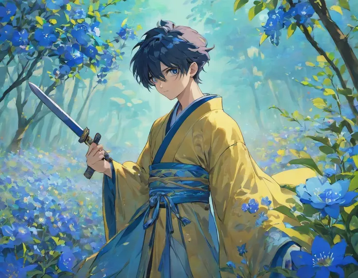 chinese hanfu , a man with a sword ,with sad face in he field blue flowers