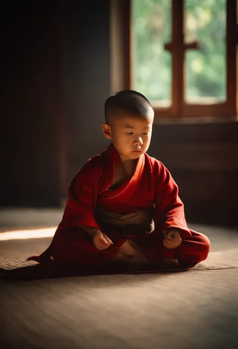 2 years old Chinese boy，Meditate cross-legged，facing at camera，monk clothes，The background is a bright and warm environment