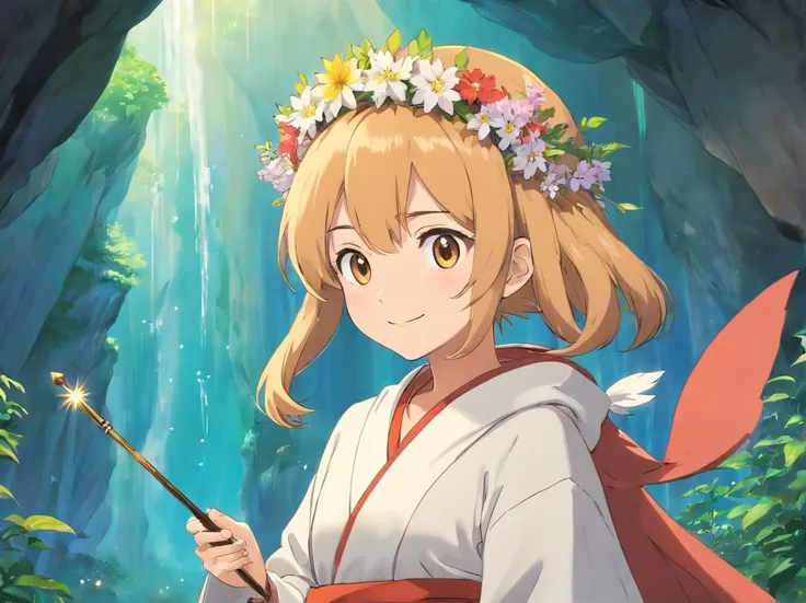 Deep in the cave，There was one dressed in a beautiful robe，Wearing a flower crown on his head，With a smile on his face。Standing fairy with magic wand in hand，Beside her is a jewel shining with light，The whole scene seems dreamy and magical。