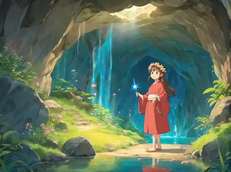 Deep in the cave，There was one dressed in a beautiful robe，Wearing a flower crown on his head，With a smile on his face。Standing fairy with magic wand in hand，Beside her is a jewel shining with light，The whole scene seems dreamy and magical。