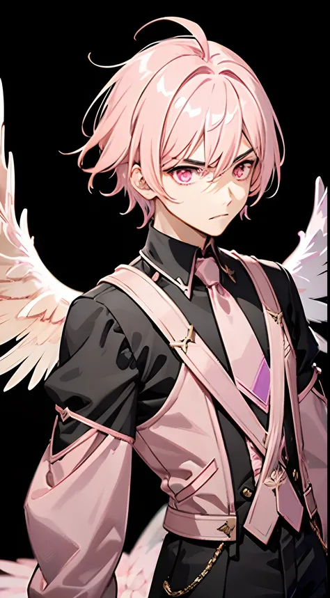 1boy, ((light pink hair color)) , short hair, black clothes, (light pink eyes color) very angry, wings