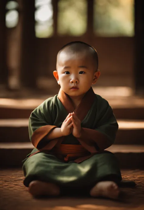 2 years old Chinese boy，Meditate cross-legged，facing at camera，monk clothes，The background is a bright and warm environment