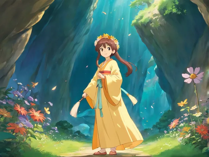 Deep in the cave，There was one dressed in a beautiful robe，Wearing a flower crown on his head，With a smile on his face。Standing fairy with magic wand in hand，Beside her is a jewel shining with light，The whole scene seems dreamy and magical。