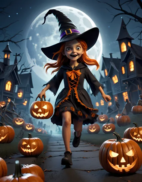 masterpiece, best quality, high quality, extremely detailed, Halloween, moonlit night,1 girl,  holding  a jack-o-lantern，wearing wizard hats, scared , running,  chasing by crowd, distant view, looking down,(animation style)，anatomy correct，3d，skull,