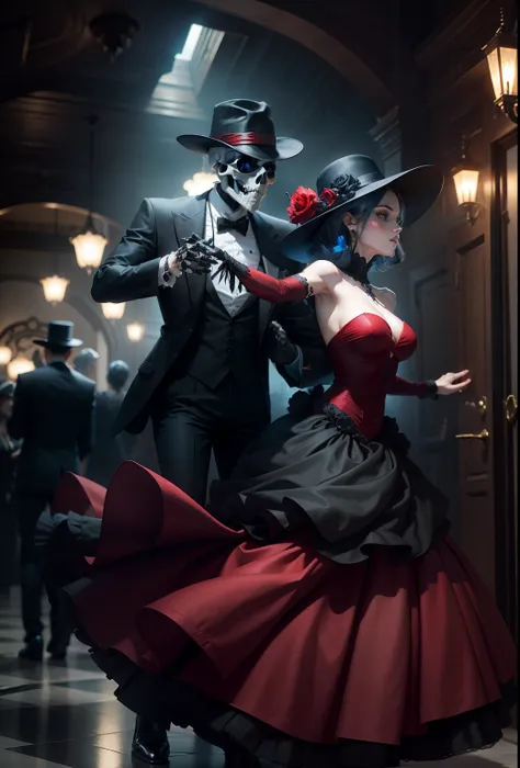 Blue-eyed skeletal skull wearing a black suit and black hat dancing with a woman dressed in red