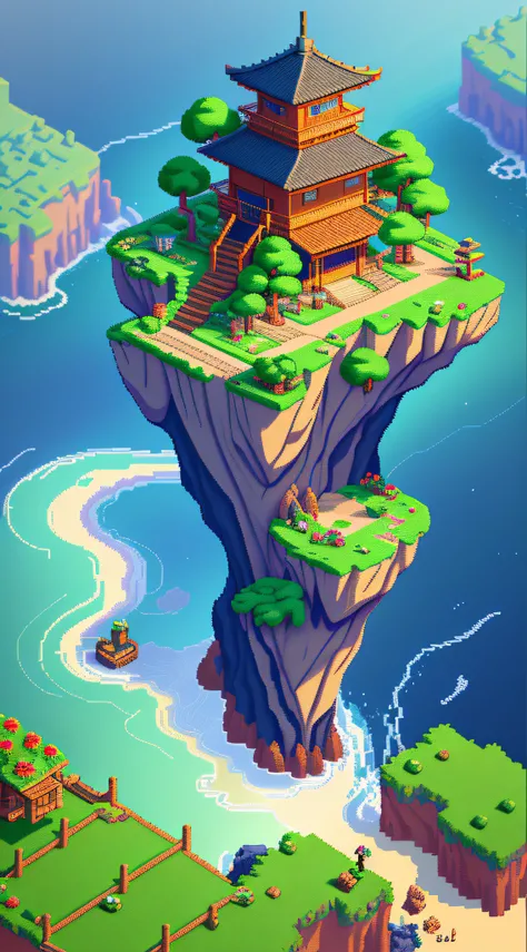 Genshin pixel art tourism destination landscape. Morning. 3D pixel art 4K wallpaper. Incredible pixel art detail. Pixel art. Detailed Unreal Engine pixel art