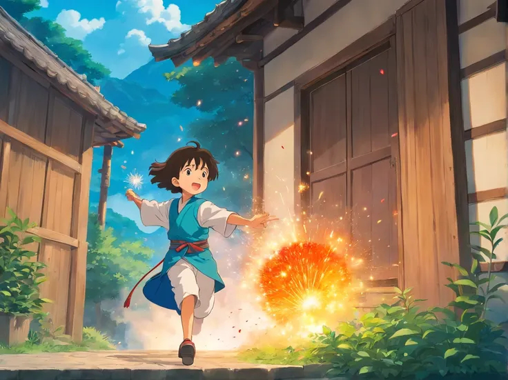 In front of the outdoor bamboo building，The boy skillfully reloads gunpowder，After lighting a firecracker，Dodge quickly，Agility，Grab the flying colorful firecrackers （Blue Zhuang costume 15-year-old boy）