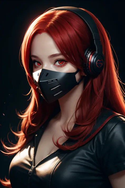 girl with long red hair, red eyes, futuristic vibes, mask on mouth, headphones, 8k, high quality, simple background, glowing eyes, nice pose