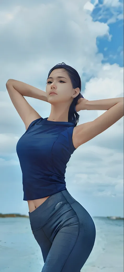 Blue skinny t-shirt posing on beach in blue top and gray pants, Beautiful Korean woman with fitted vest, Delicate face, Depth of field, Masterpiece, ccurate, High quality