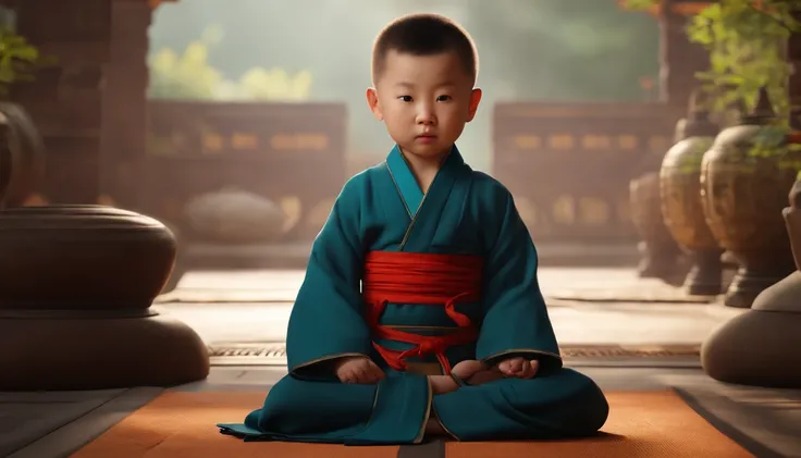 A beautiful 2 year old Chinese boy，facing at camera，Meditate cross-legged，monk clothes，The characters face is clear and bright，The background is a warm and poetic environment