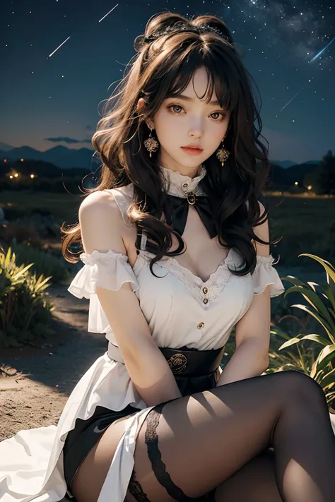 Masterpiece, Best quality, Night, Moon, Beautiful detailed sky, Realistic, Real, Huge_filesize, the wallpaper, Girl, Medium hair, whaite hair, curly_Hair, Hair accessories Hair bow, shairband, leaf hair ornament, Tentacle hair, view the viewer, eyeball, Sm...