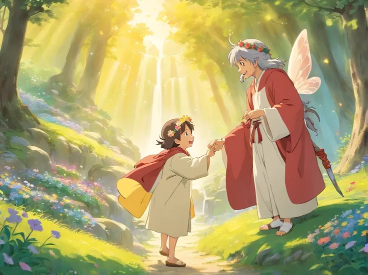 Wear beautiful robes，Wearing a flower crown on his head，With a smile on his face。The standing fairy with a magic wand in her hand was affectionate with the little boy、Little girl talking。They were standing on a huge boulder，The fairy asked about the childr...