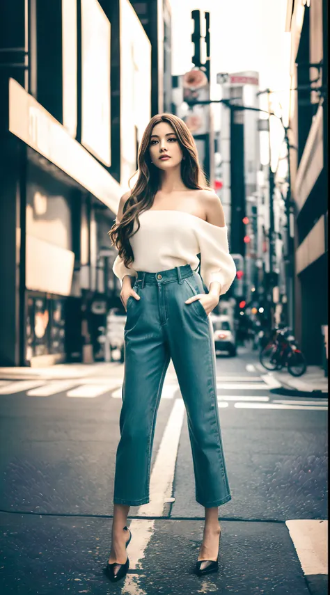 Female Model Photography、Tokyo street background、Top with trendy clothes、(realisticlying: 1.4)、The lower body wears trendy pants、softlighting、​masterpiece、top-quality、super realistic details、commercial photograph、dynamicposes、hyper realistic photography、8K...