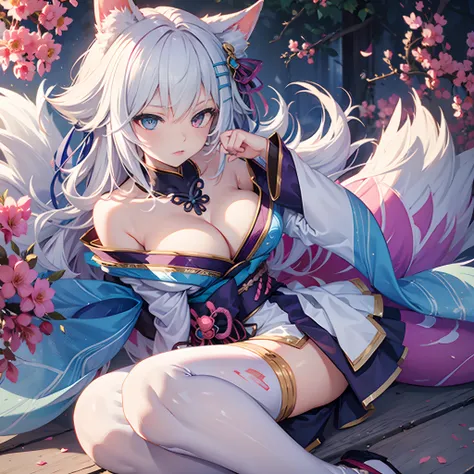 1 girl, solo, Tobiichi+Ahri, fox ears, white hair with pink tips, very large breasts, blush, surprised look, red loose kimono, purple eyes, heterochromia