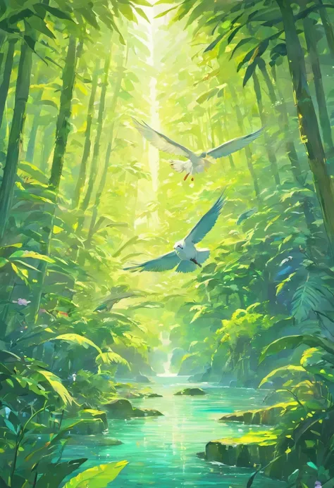 "Create a vibrant and eco-friendly illustration featuring a lush jungle teeming with diverse wildlife, including majestic elephants, playful monkeys, and colorful parrots. In the foreground, a crystal-clear river winds its way through the dense foliage, re...