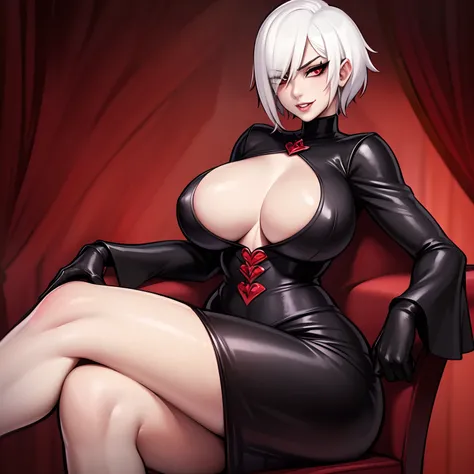 ((Solo)) Vampire girl with short white hair, (red eyes), ((wearing a black dress)), wearing gloves, Anime style 4K, large chest, curvy hips, long legs, detailed eyes, ((sitting)), on a throne