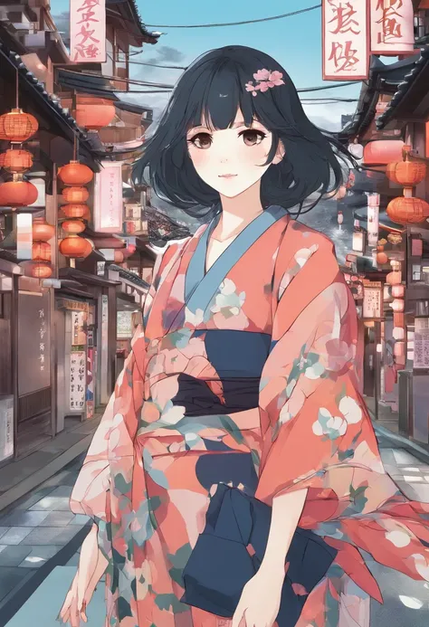 Uma jovem mulher vestida com roupas tradicionais japonesas, cabelos longos e pretos, scenery reminiscent of Kyoto in 1900 on the streets of a Japanese city