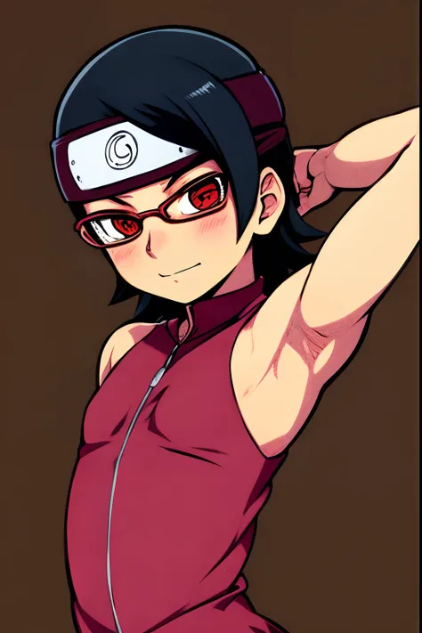 masterpiece, excellent, drawing with super high detail, uchiha sarada, flat chest, megane, sharingan, red eyes, konoha headband,...