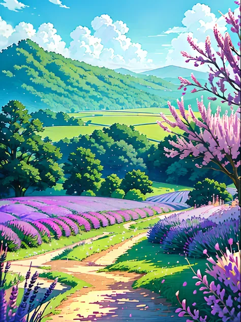 Lavender anime countryside landscape，Composed of trees and a fantasy valley，scenery art detailed，beautifull puffy clouds。anime big breast，Detailed scenery—width 672，anime landscape wallpapers，Anime landscapes，Studio Ghibli view，Highly detailed digital art ...