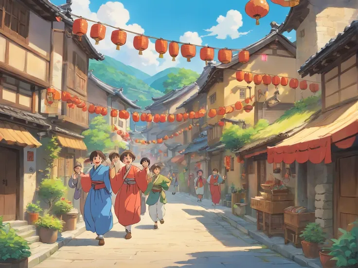 Depicts a village scene full of joy and lively atmosphere，The villagers wear Zhuang costumes，Bunting is hung on the street，The villagers sang and danced