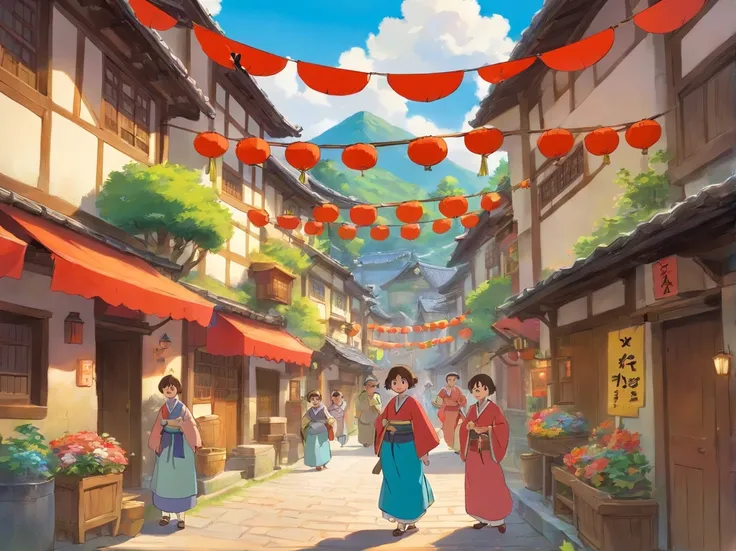 Depicts a village scene full of joy and lively atmosphere，The villagers wear Zhuang costumes，Bunting is hung on the street，The villagers sang and danced