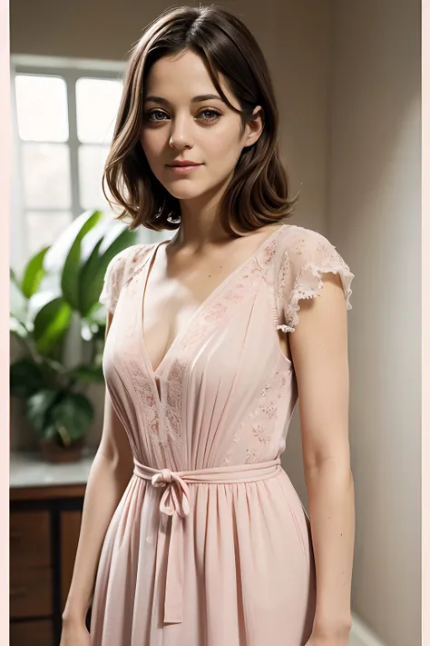 1人の女性, A woman similar to Marion Cotillard, smil, Looking at the camera, Light Pink V Neck Dress, Photorealsitic, Best Quality, intricate and delicate, 8k wallpaper, top-quality, ​masterpiece, realisitic, ultra-detailliert