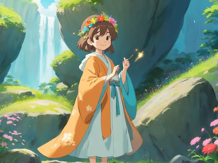 Wear beautiful robes，Wearing a flower crown on his head，With a smile on his face。The fairy standing with a magic wand in her hand conversed cordially。They were standing on a huge boulder，