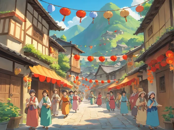 Depicts a village scene full of joy and lively atmosphere，The villagers wear Zhuang costumes，Bunting is hung on the street，The villagers sang and danced