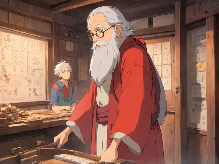 Indoors，The walls are covered with production flowcharts and tools。Indoors，The boy and the old man spoke face to face，sideface（Boy image：Red clothes，Carry a bag，年轻）（Image of the old man：brown clothes，Thin and shriveled，Has a long beard，）